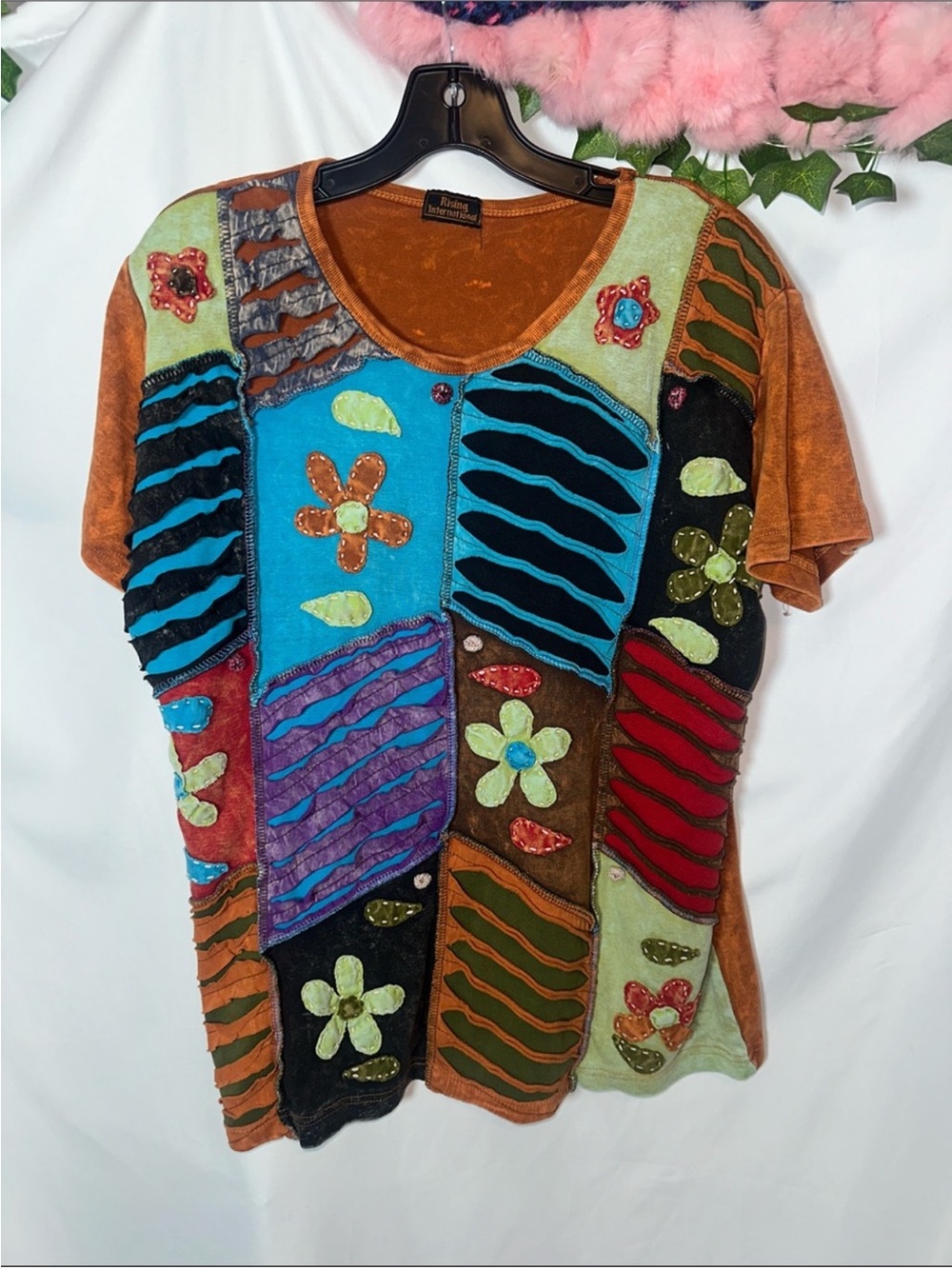 Rising International Patchwork Floral Short Sleeve mineral wash Top - Multicolor